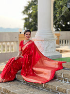 Vedant Vastram Soft Litchi Silk Banarasi Silk Jacquard Saree - Red | Grocsy