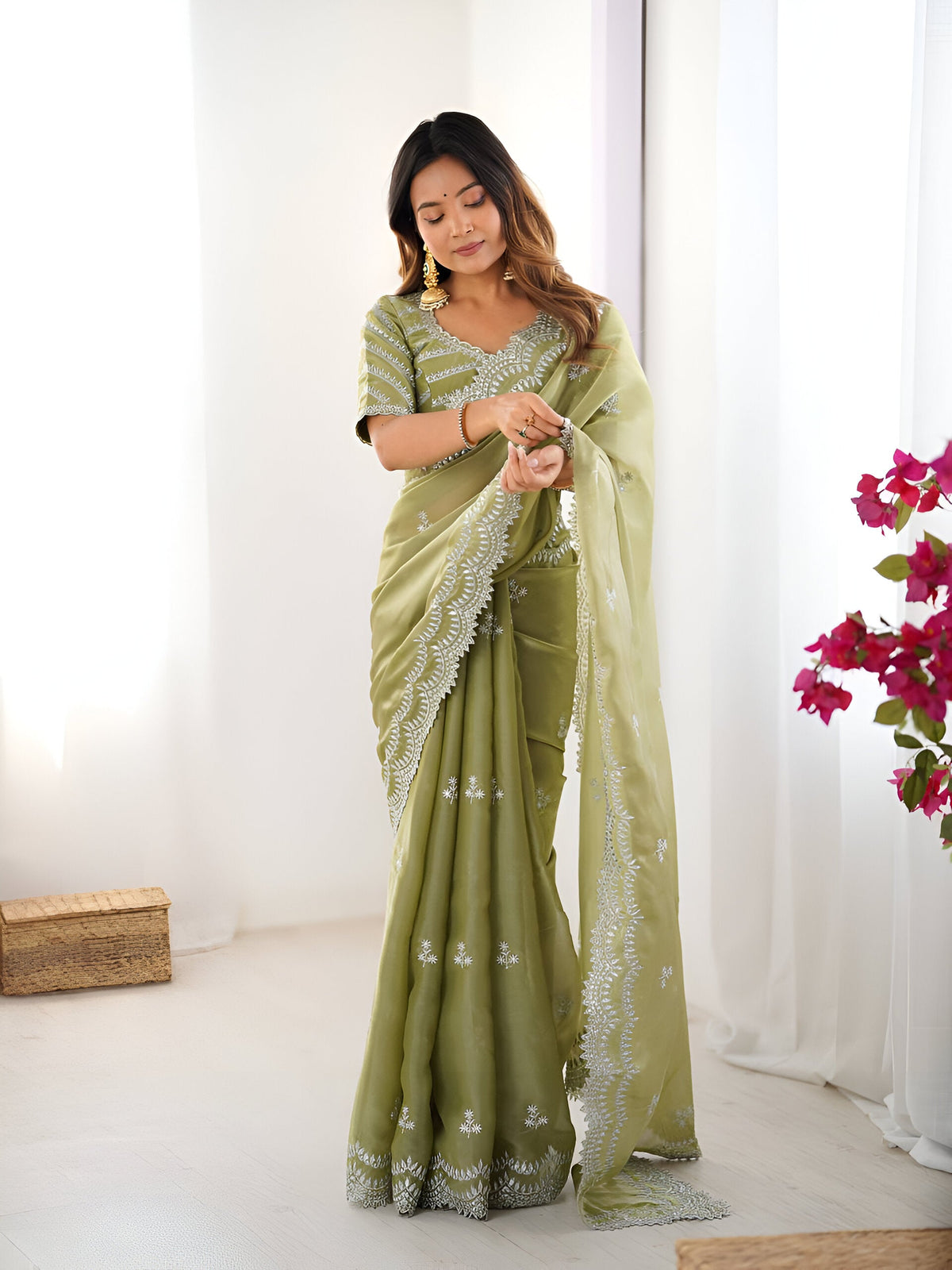 Lehenga Mart Party Wear saree for women - Olive green | Grocsy