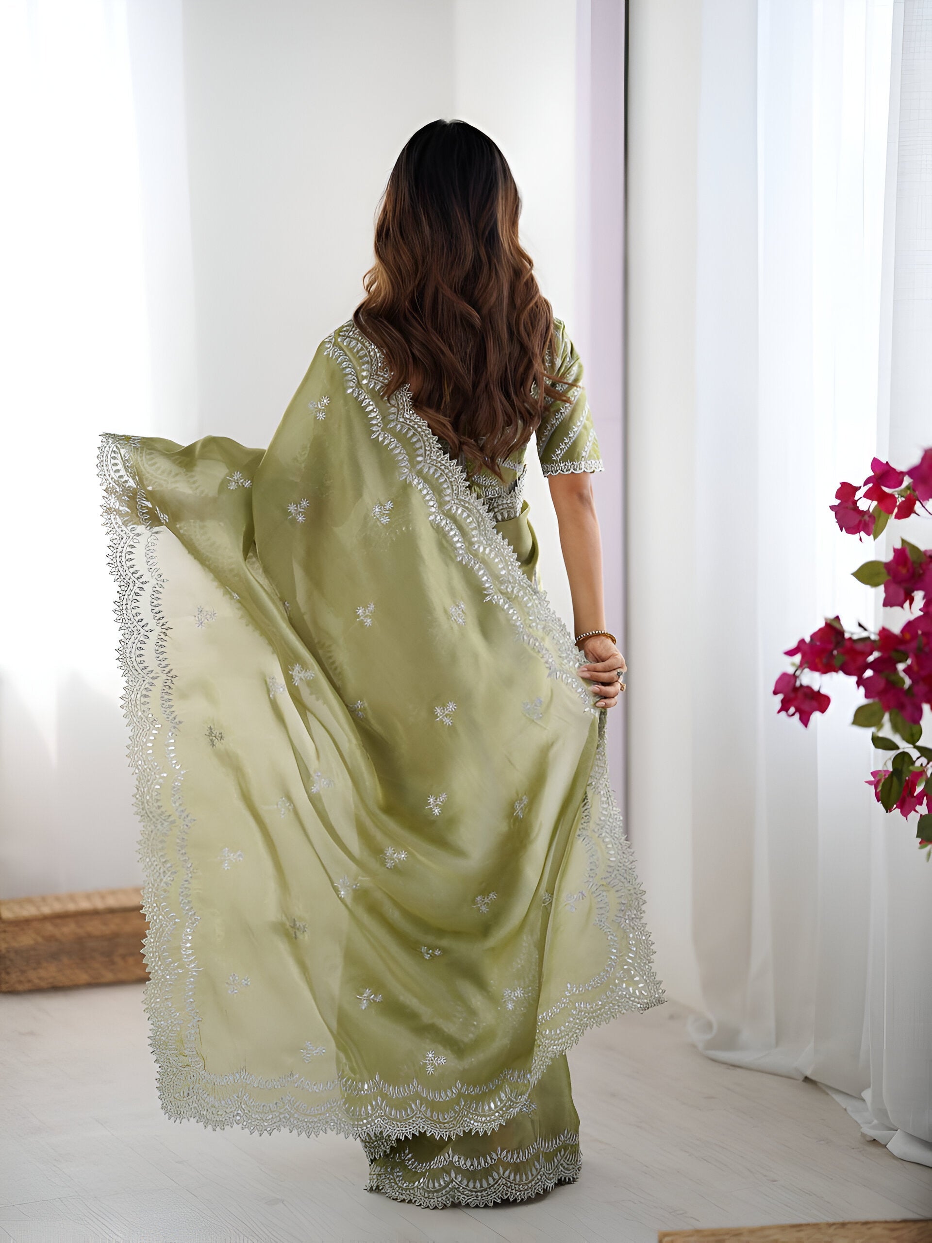 Lehenga Mart Party Wear saree for women - Olive green | Grocsy