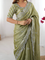 Lehenga Mart Party Wear saree for women - Olive green | Grocsy