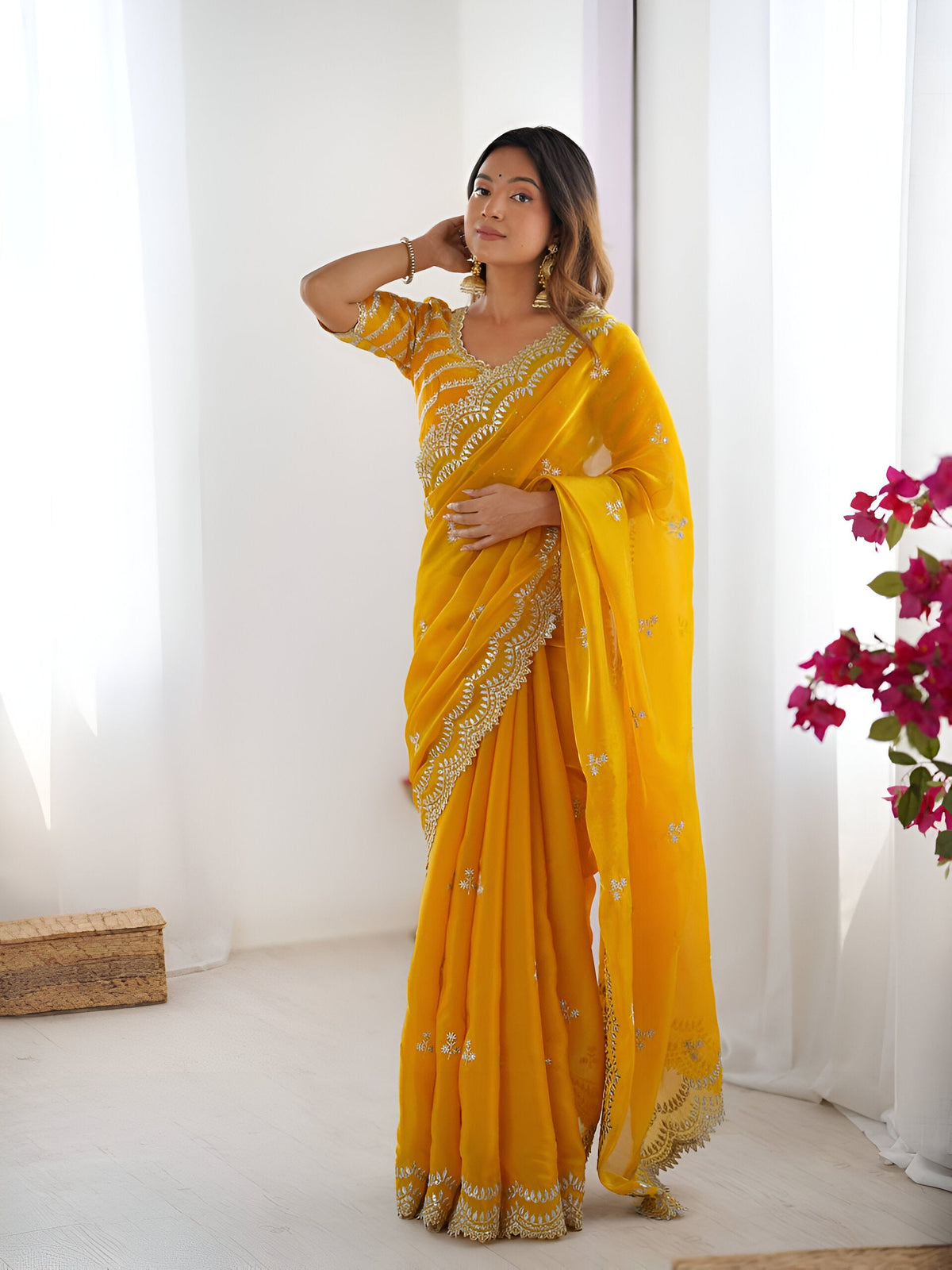 Lehenga Mart Party Wear saree for women - yellow | Grocsy