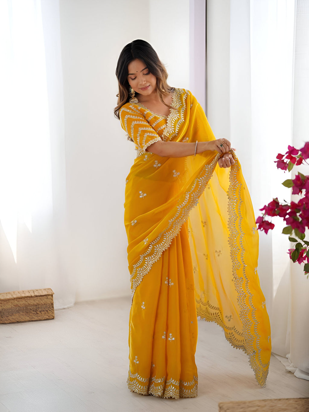 Lehenga Mart Party Wear saree for women - yellow | Grocsy