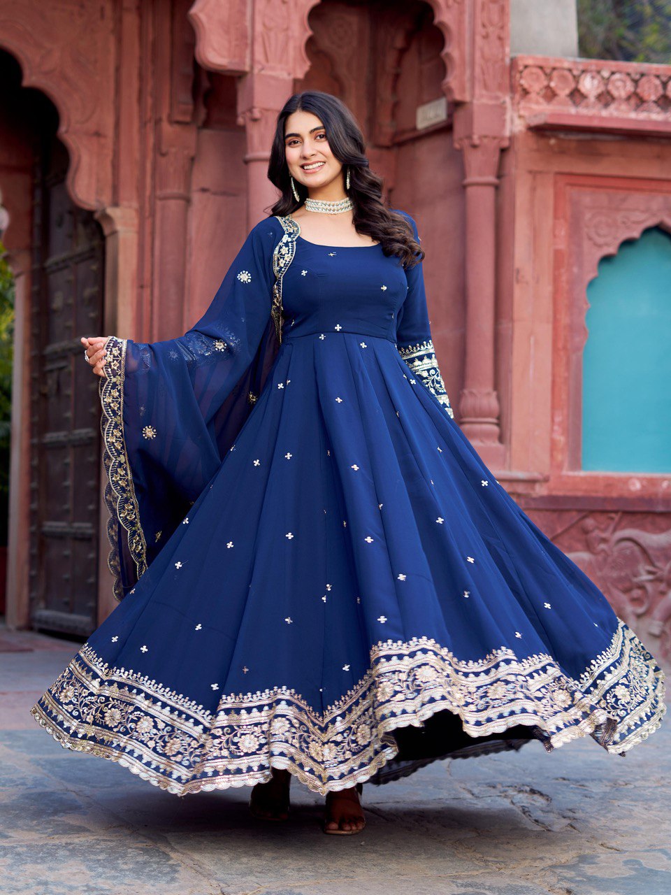Lehenga Mart Designer Anarkali Suit With Kurta Palazzo Dupatta For Women-Blue | Grocsy
