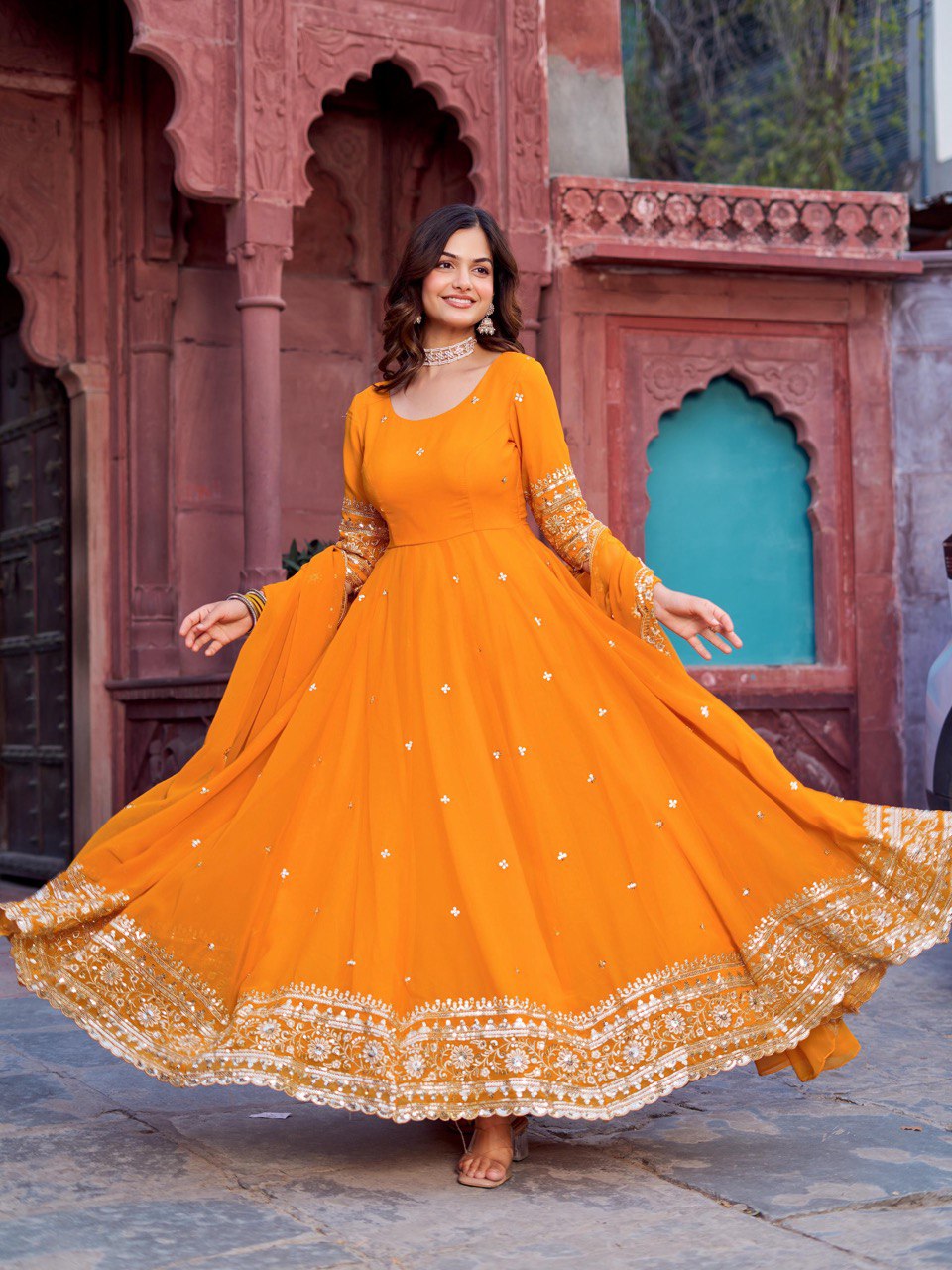 Lehenga Mart Designer Anarkali Suit With Kurta Palazzo Dupatta For Women-Mustard | Grocsy