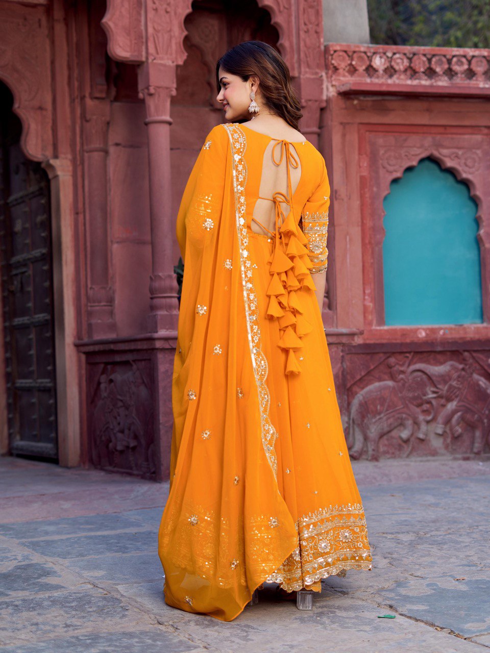 Lehenga Mart Designer Anarkali Suit With Kurta Palazzo Dupatta For Women-Mustard | Grocsy
