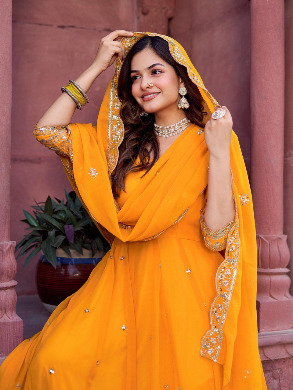 Lehenga Mart Designer Anarkali Suit With Kurta Palazzo Dupatta For Women-Mustard | Grocsy