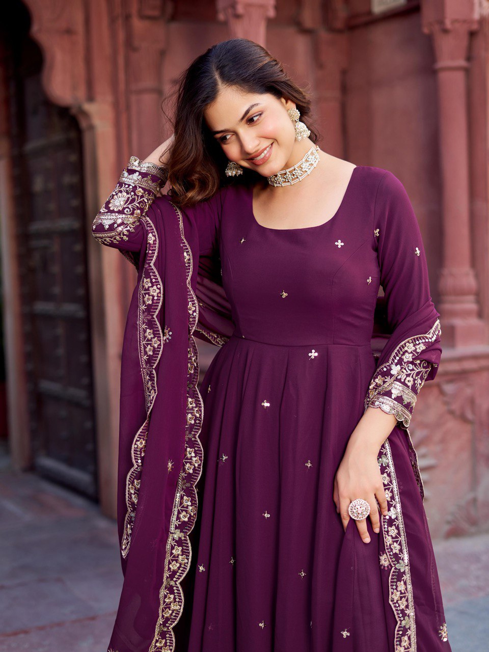 Lehenga Mart Designer Anarkali Suit With Kurta Palazzo Dupatta For Women-Wine | Grocsy