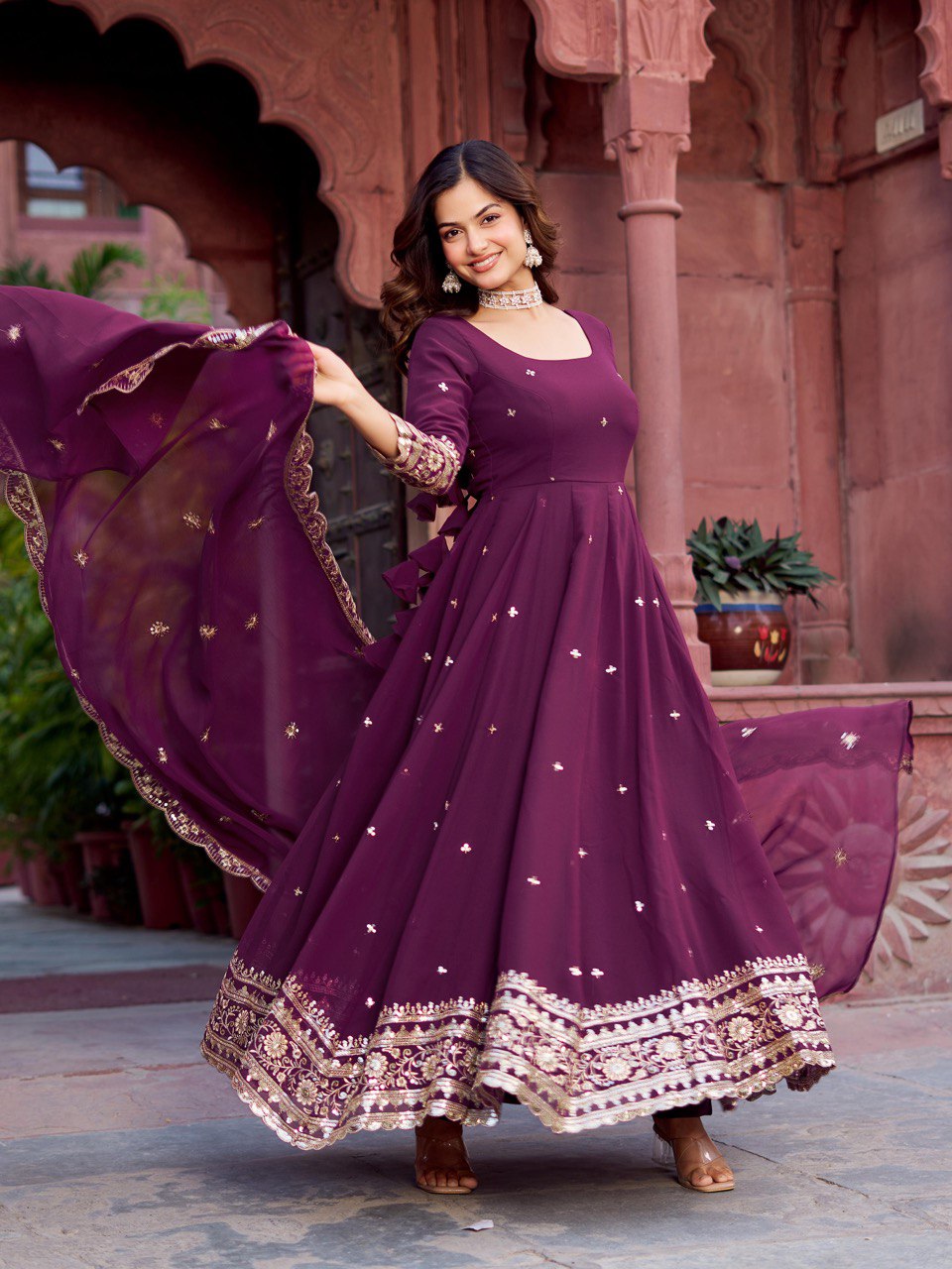 Lehenga Mart Designer Anarkali Suit With Kurta Palazzo Dupatta For Women-Wine | Grocsy