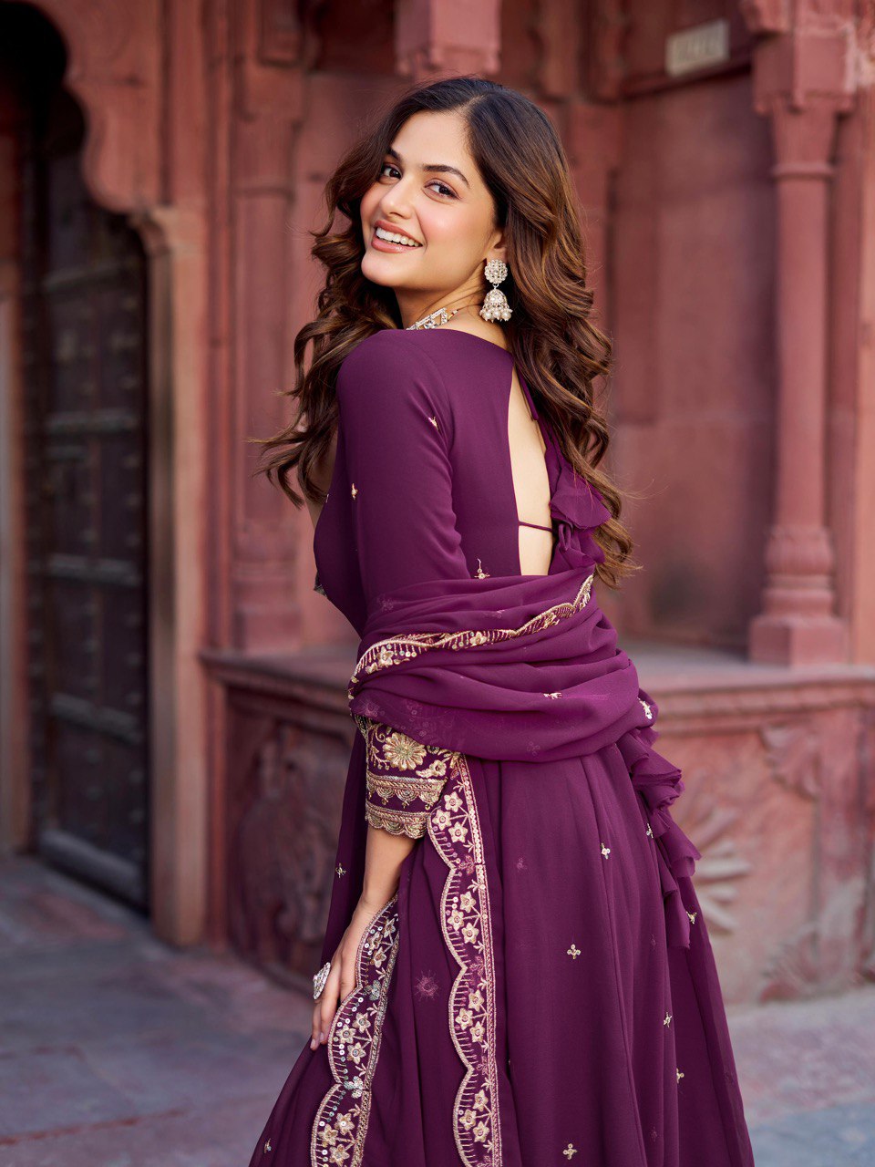Lehenga Mart Designer Anarkali Suit With Kurta Palazzo Dupatta For Women-Wine | Grocsy