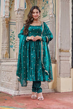 Lehenga Mart Designer Anarkali Suit With Kurta Palazzo Dupatta For Women-Emerald Green | Grocsy