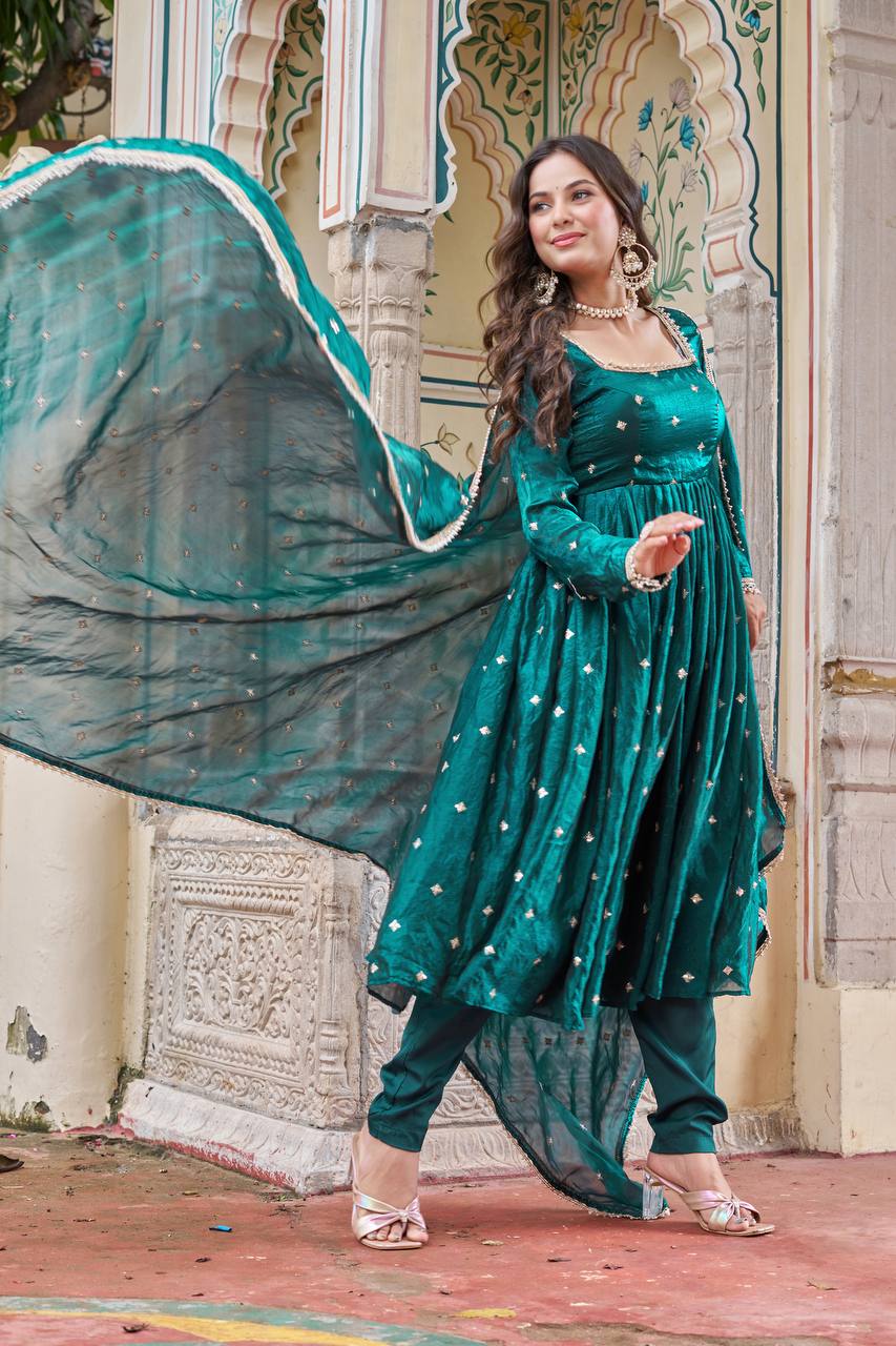 Lehenga Mart Designer Anarkali Suit With Kurta Palazzo Dupatta For Women-Emerald Green | Grocsy