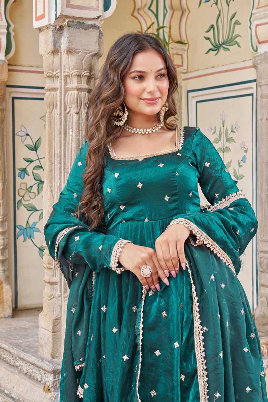 Lehenga Mart Designer Anarkali Suit With Kurta Palazzo Dupatta For Women-Emerald Green | Grocsy