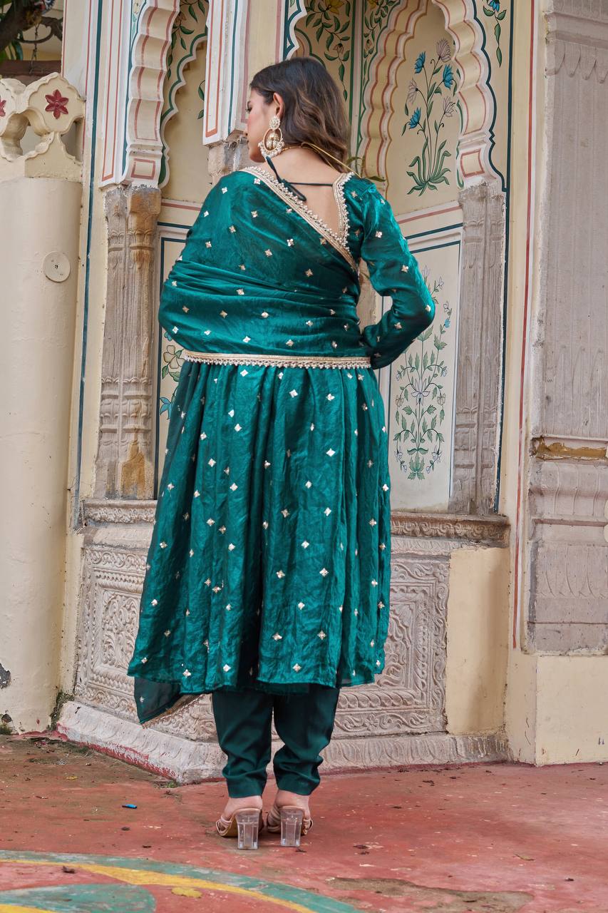 Lehenga Mart Designer Anarkali Suit With Kurta Palazzo Dupatta For Women-Emerald Green | Grocsy