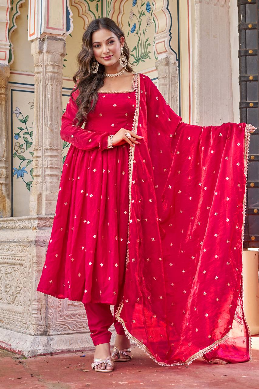 Lehenga Mart Designer Anarkali Suit With Kurta Palazzo Dupatta For Women-Hot Pink | Grocsy