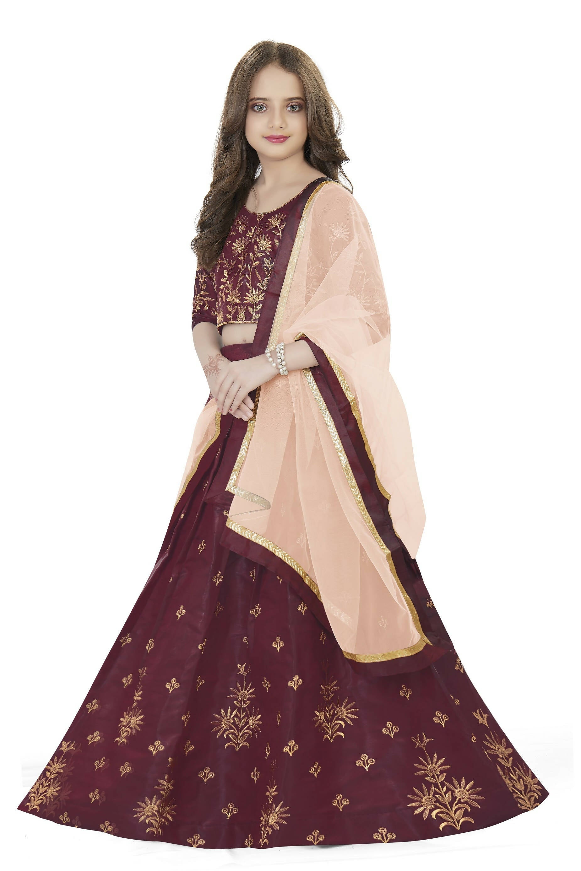 Dwiden Maroon Rohini Tafetta Sattin Semi-Stitched Girl's Lehenga Choli | Grocsy