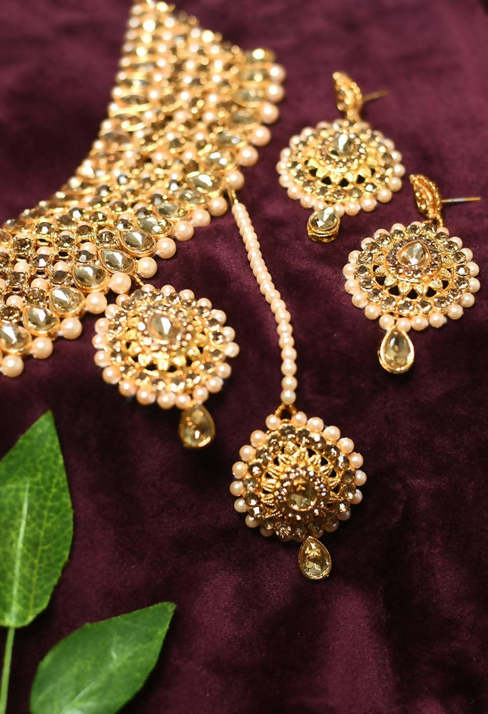 Tehzeeb Creations Stone And Pearl Studded Necklace With Earrings And Tikka | Grocsy