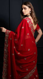 Joban Fashion Red Fandy Satin Silk Party Wear Sarees | Grocsy