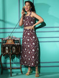 Wine Crepe Floral Printed Top with Matching Skirt - Shivani | Grocsy