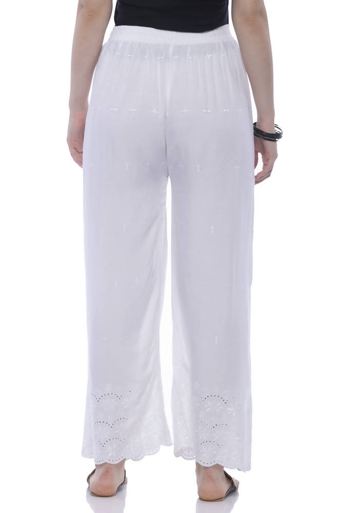 Mominos Fashion Rayon Cotton White Embroidery Chikan Palazzo | Grocsy