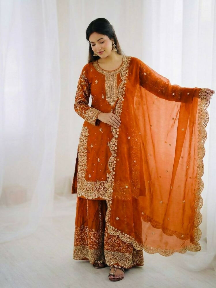 Teeya Creation Orange Color Fendy Silk Embroidery Work Wedding Wear Salwar Suit | Grocsy