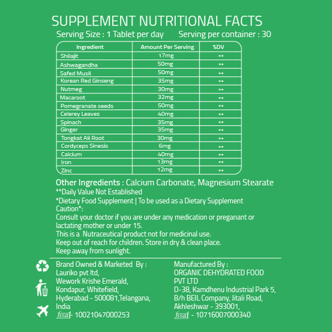 Laurik Testosterone Himalayan Sj, Ashwagandha, Safed Musli, Maca Root, And Korean Red Ginseng Tablets | Grocsy