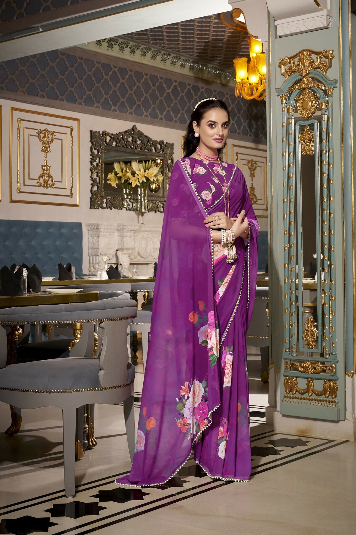 Vastranavya Purple Spectacular Georgette Printed with Pearl Lace Saree with Unstitched Blouse | Grocsy