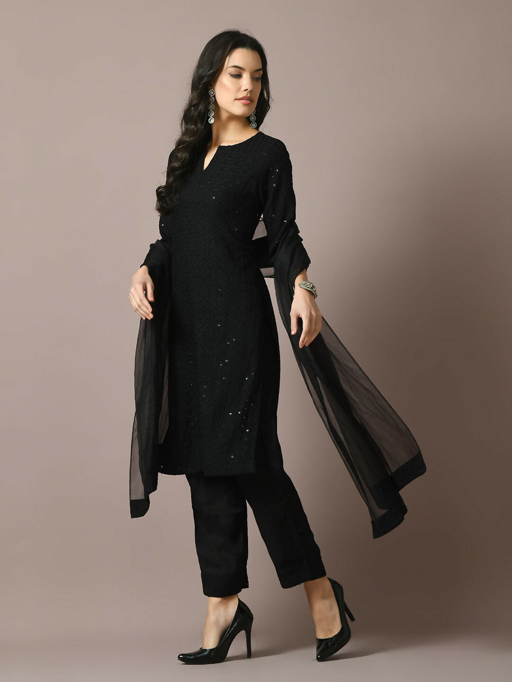 Myshka Women's Black Embroidered Cotton Straight Party Kurta Set With Dupatta | Grocsy
