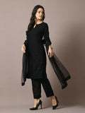 Myshka Women's Black Embroidered Cotton Straight Party Kurta Set With Dupatta | Grocsy