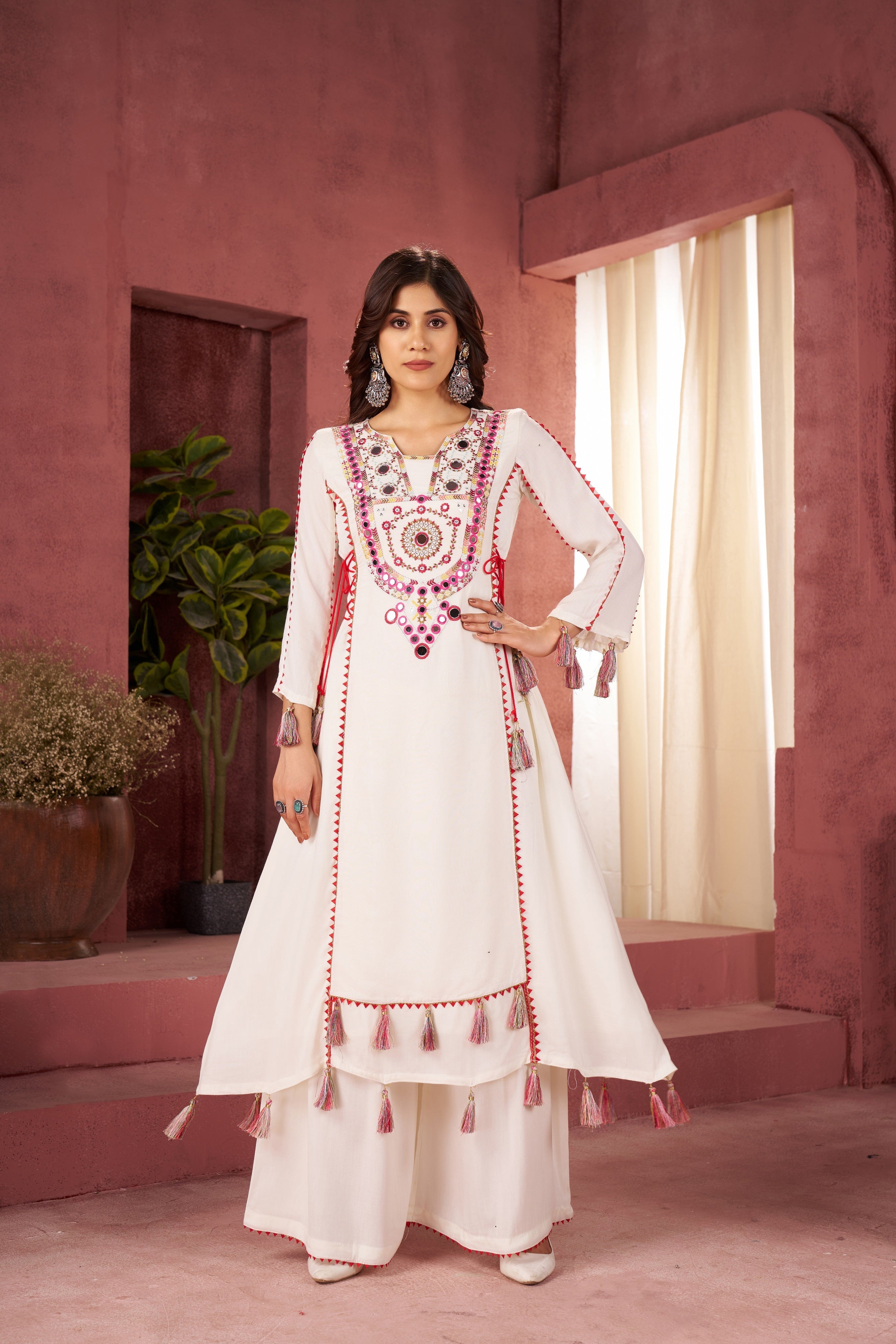 Lehenga Mart Off White Reyon Designer Cord-Set Ready To Wear | Grocsy