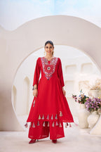 Lehenga Mart Red Reyon Designer Cord-Set Ready To Wear | Grocsy