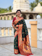 Vedant Vastram Soft Litchi Silk Paithani Jacquard Saree - Green | Grocsy
