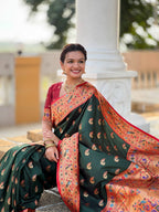 Vedant Vastram Soft Litchi Silk Paithani Jacquard Saree - Green | Grocsy