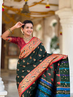 Vedant Vastram Soft Litchi Silk Paithani Jacquard Saree - Green | Grocsy