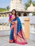 Vedant Vastram Soft Litchi Silk Paithani Jacquard Saree - Firozi | Grocsy