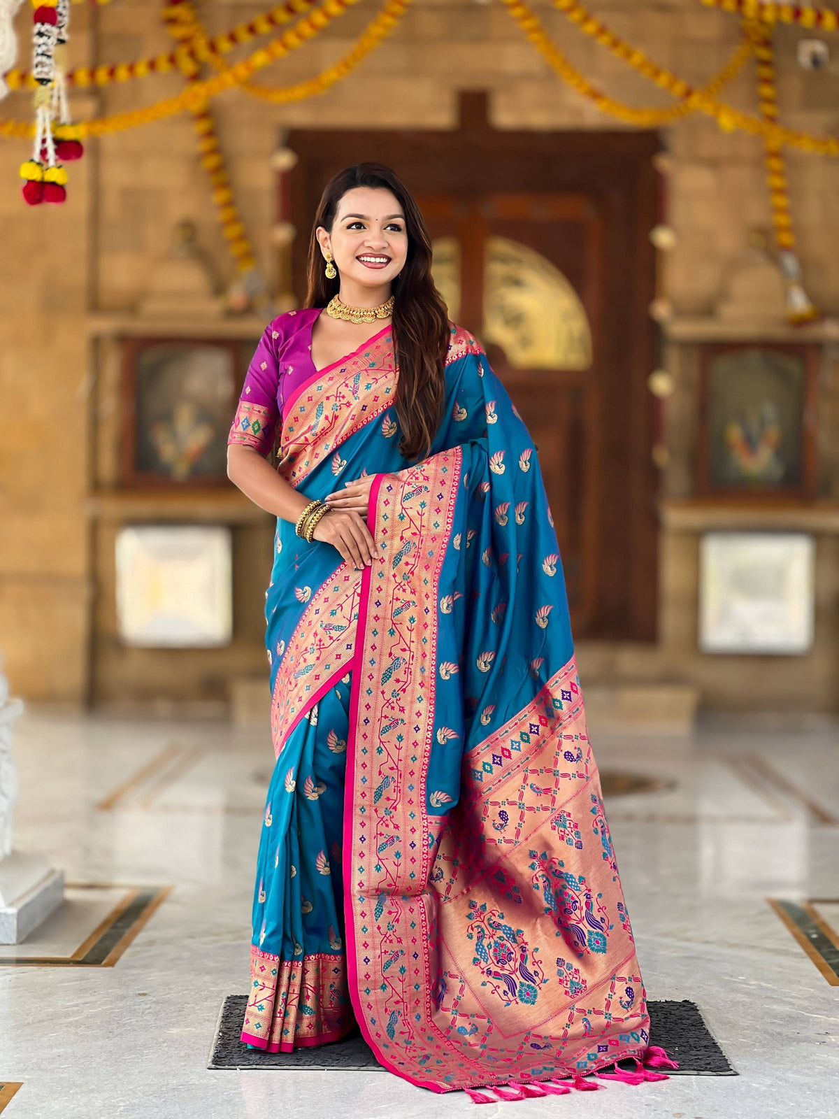Vedant Vastram Soft Litchi Silk Paithani Jacquard Saree - Firozi | Grocsy