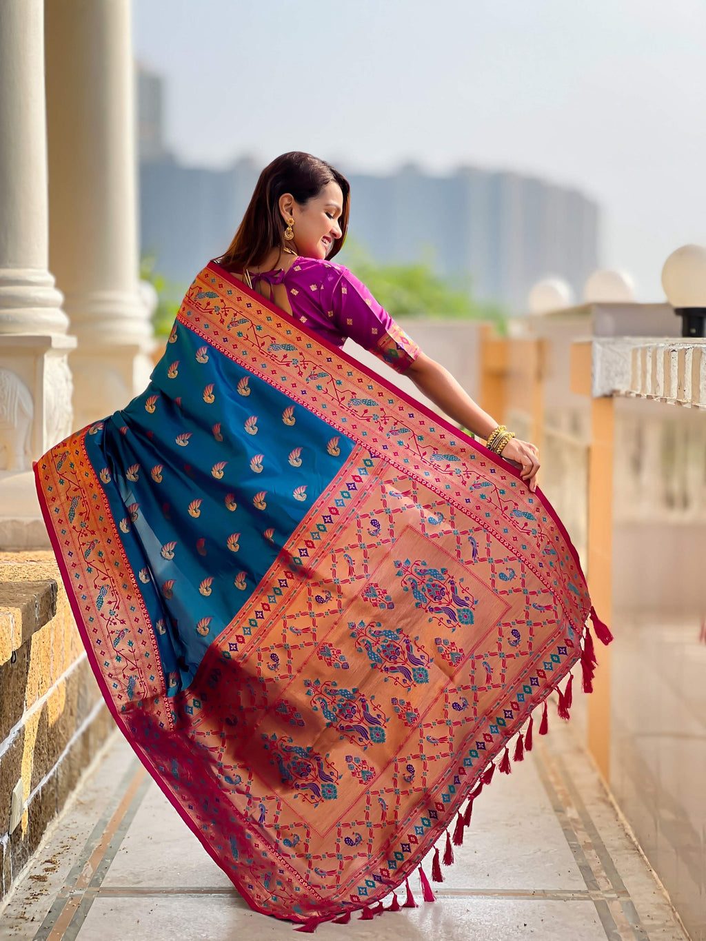 Vedant Vastram Soft Litchi Silk Paithani Jacquard Saree - Firozi | Grocsy