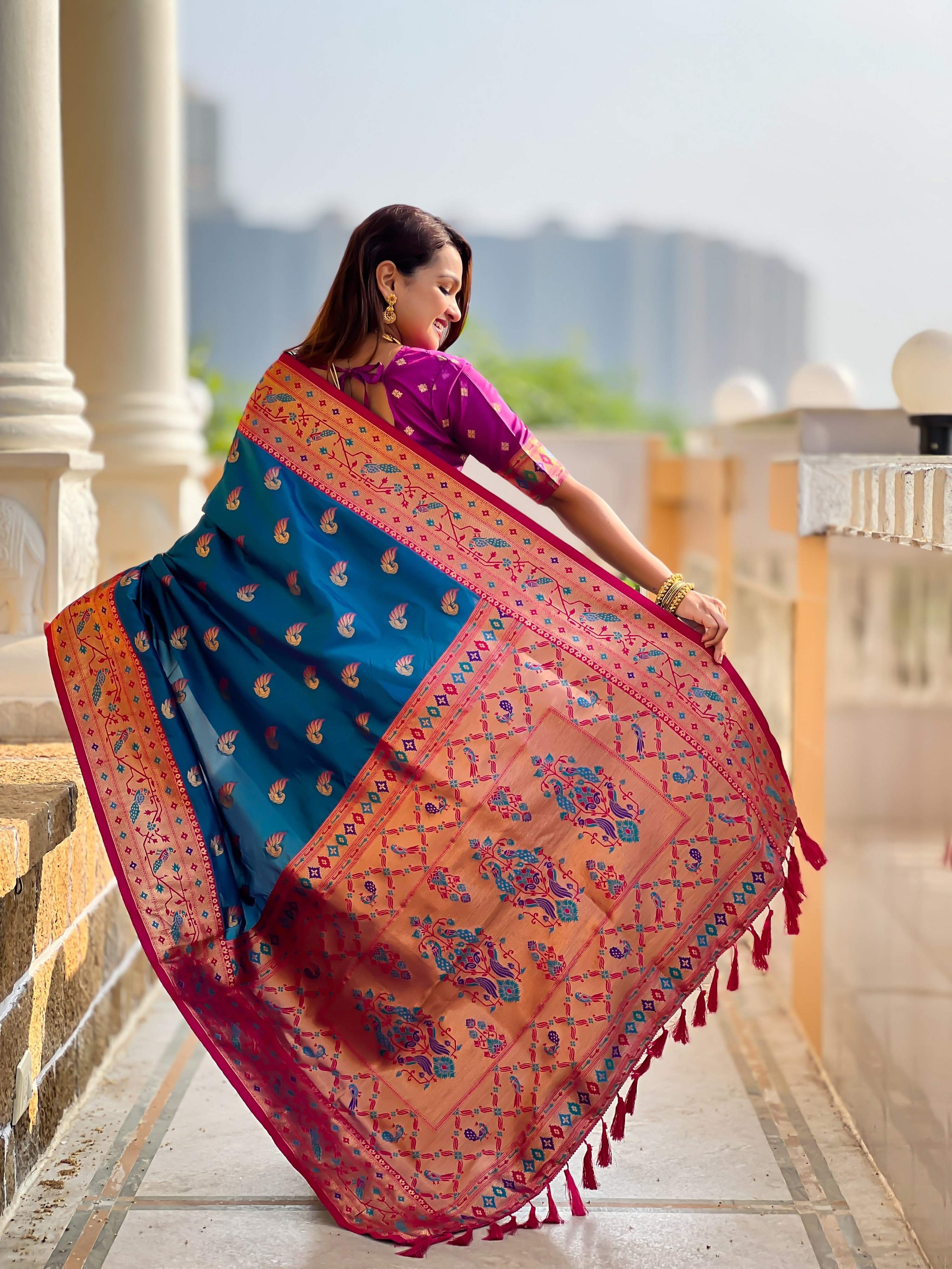 Vedant Vastram Soft Litchi Silk Paithani Jacquard Saree - Firozi | Grocsy