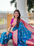 Vedant Vastram Soft Litchi Silk Paithani Jacquard Saree - Firozi | Grocsy