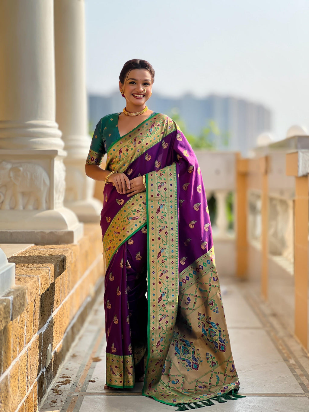 Vedant Vastram Soft Litchi Silk Paithani Jacquard Saree - Purple | Grocsy