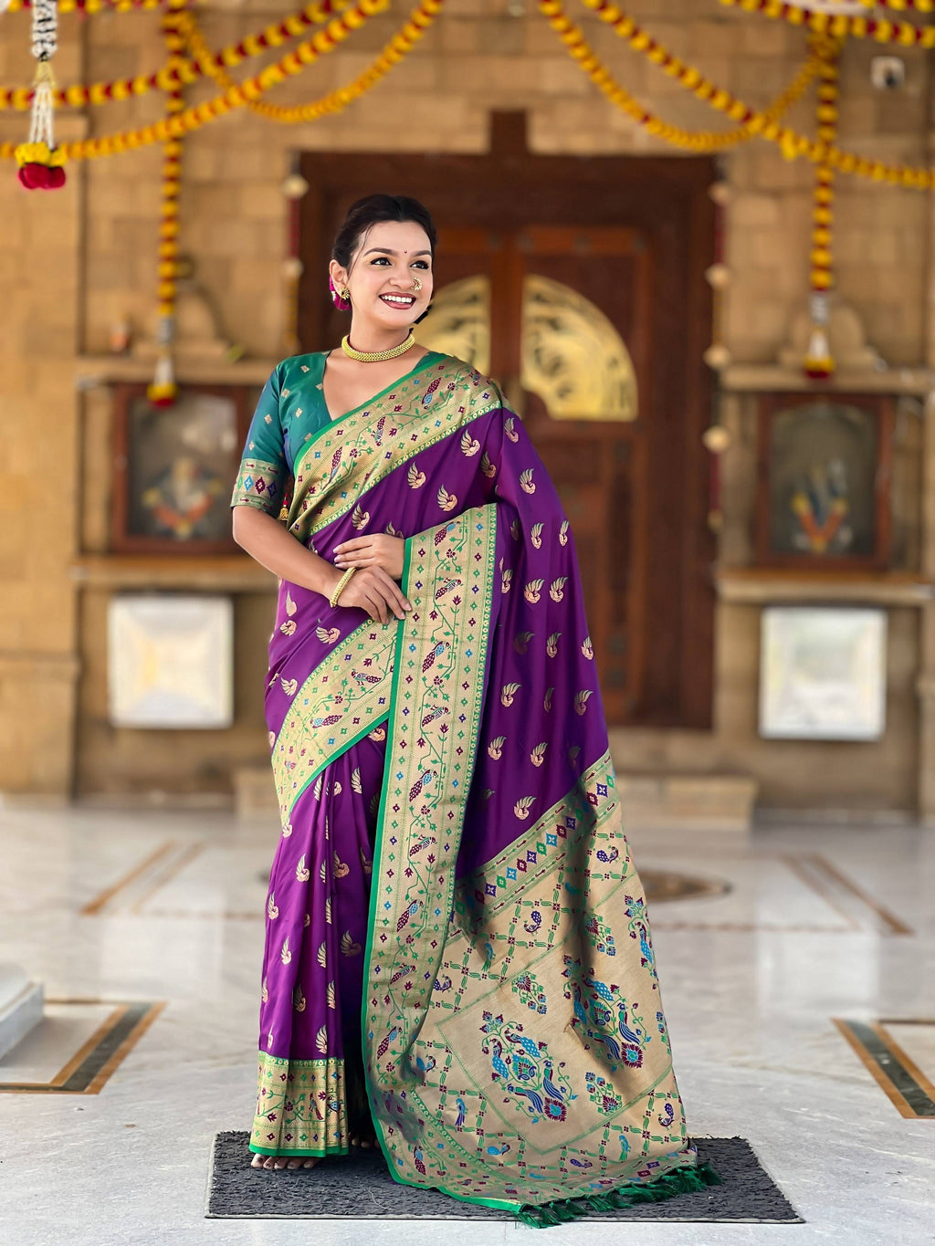 Vedant Vastram Soft Litchi Silk Paithani Jacquard Saree - Purple | Grocsy
