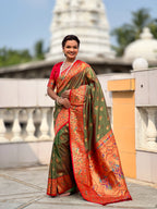Vedant Vastram Soft Litchi Silk Paithani Jacquard Saree - Mahendi | Grocsy