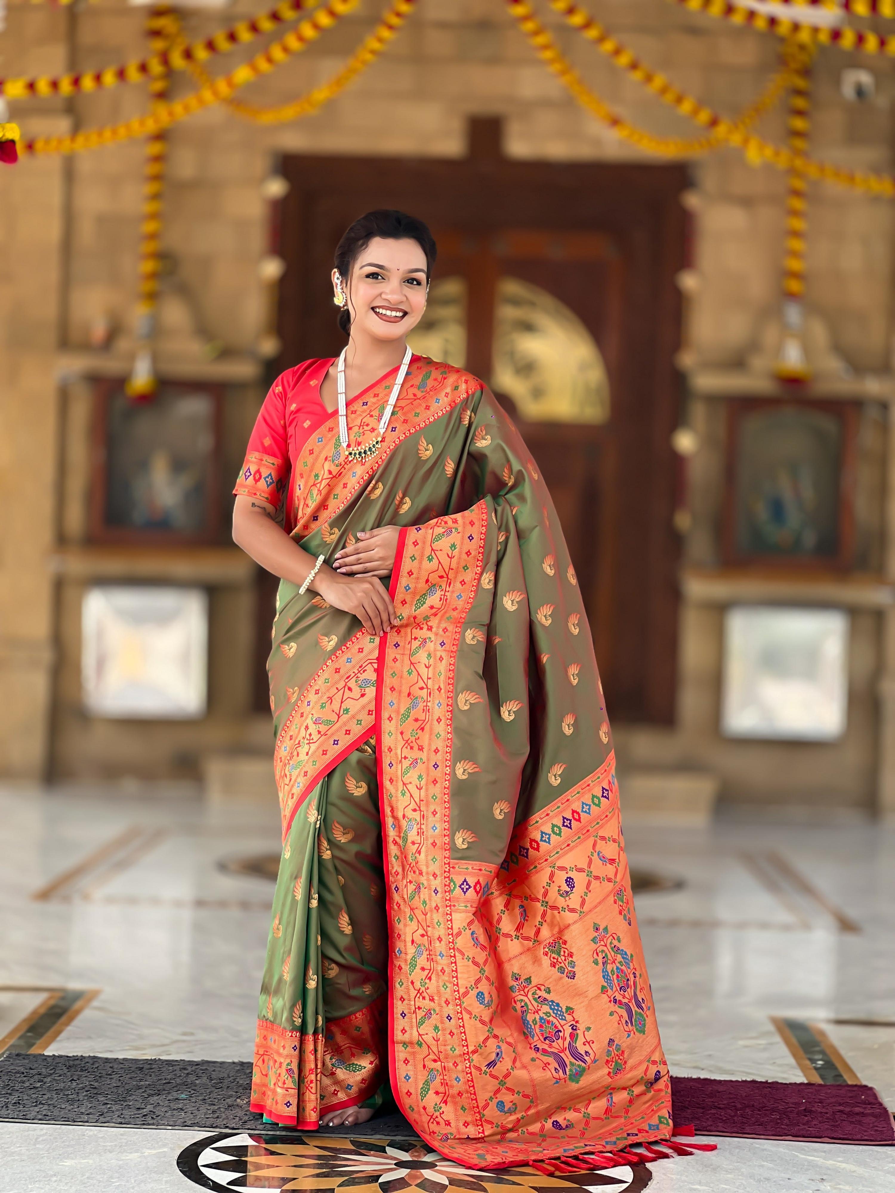 Vedant Vastram Soft Litchi Silk Paithani Jacquard Saree - Mahendi | Grocsy