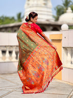 Vedant Vastram Soft Litchi Silk Paithani Jacquard Saree - Mahendi | Grocsy