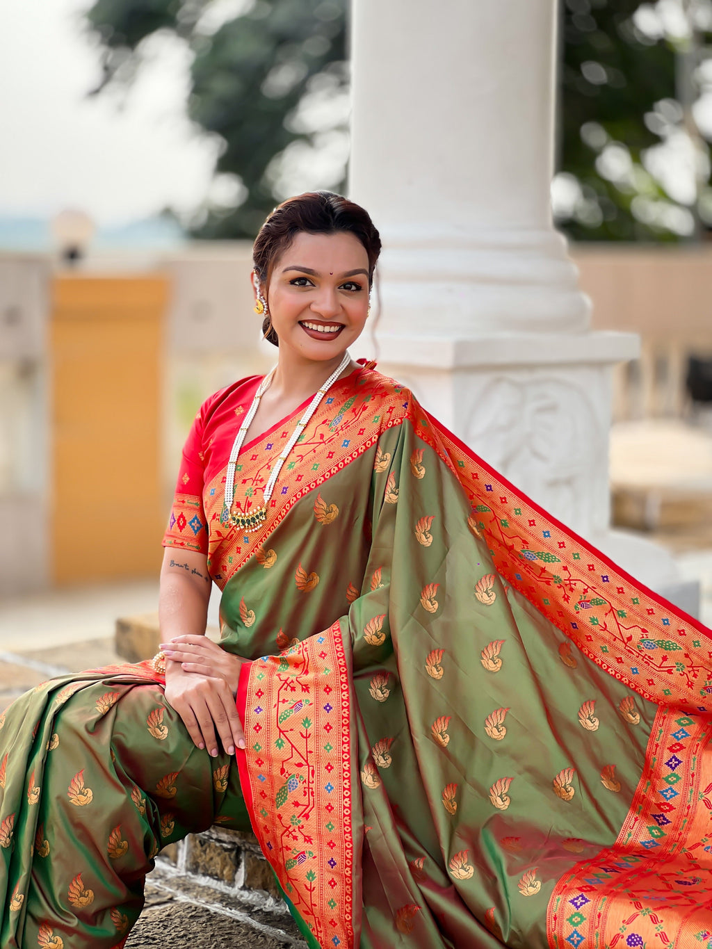 Vedant Vastram Soft Litchi Silk Paithani Jacquard Saree - Mahendi | Grocsy
