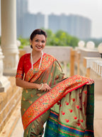 Vedant Vastram Soft Litchi Silk Paithani Jacquard Saree - Mahendi | Grocsy