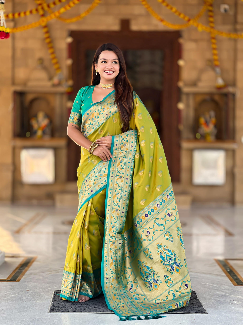 Vedant Vastram Soft Litchi Silk Paithani Jacquard Saree - Olive | Grocsy