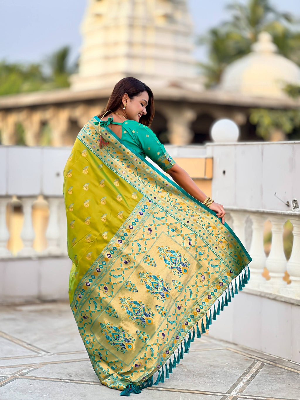 Vedant Vastram Soft Litchi Silk Paithani Jacquard Saree - Olive | Grocsy