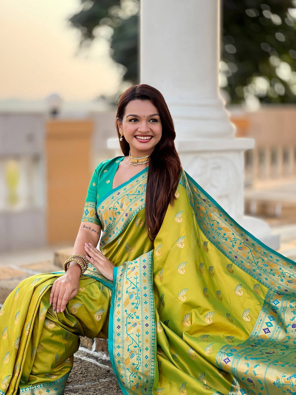 Vedant Vastram Soft Litchi Silk Paithani Jacquard Saree - Olive | Grocsy