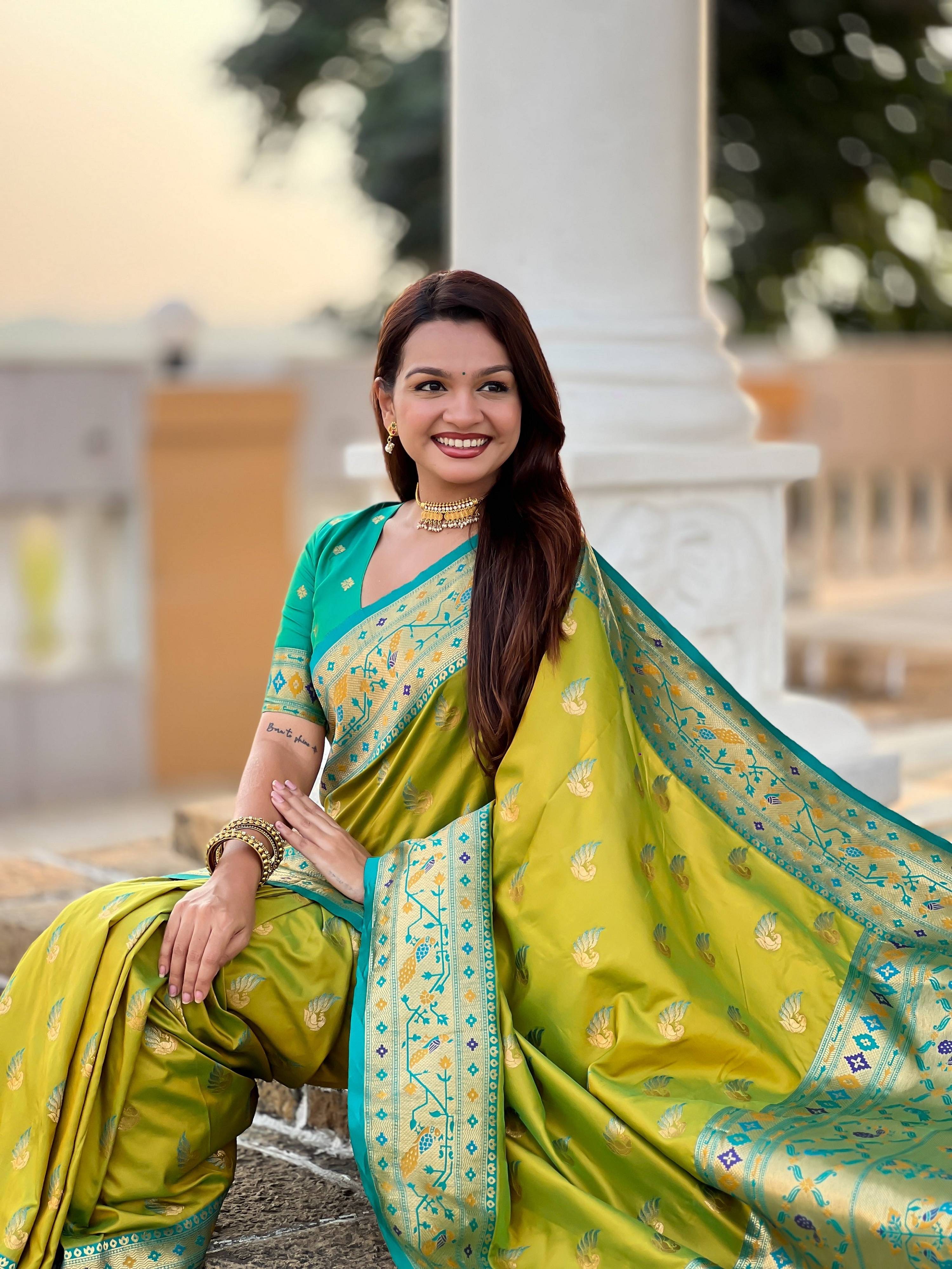 Vedant Vastram Soft Litchi Silk Paithani Jacquard Saree - Olive | Grocsy