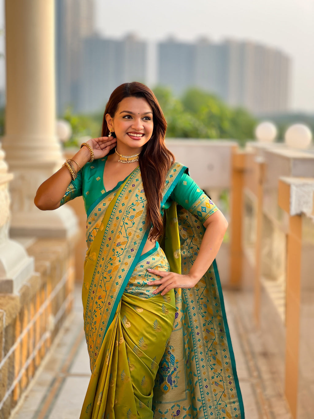 Vedant Vastram Soft Litchi Silk Paithani Jacquard Saree - Olive | Grocsy